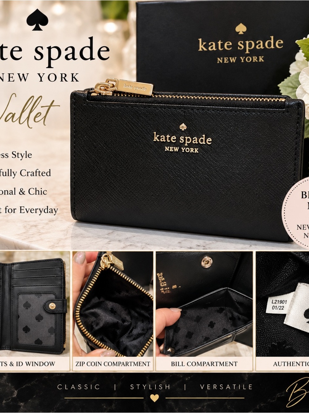 kate spade Black Saffiano Zip Card Wallet with Gold Hardware